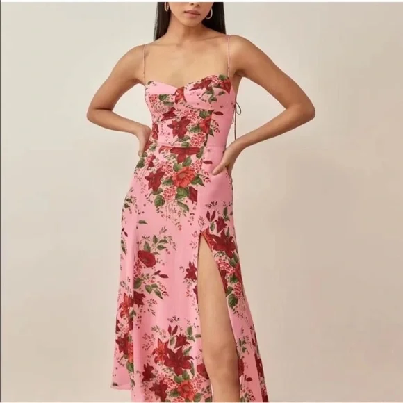 Reformation Juliette Pink Floral Midi Dress, Size 10 - Picture 1 of 6
